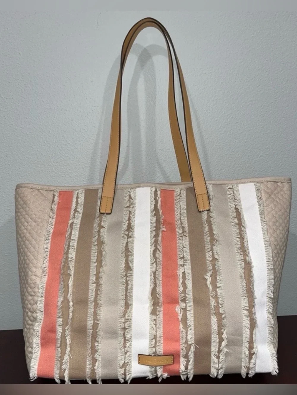 Vera Bradley Fringed Tote Beach Bag in Neutral Stripe Sea Shell Lining Print